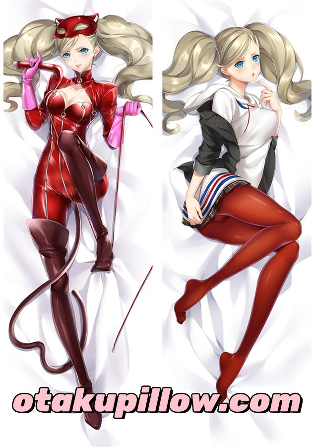 Ann Takamaki Persona5 dakimakura cover, blonde twin tail, red Phantom Thief suit, cat mask, casual hoodie red tights