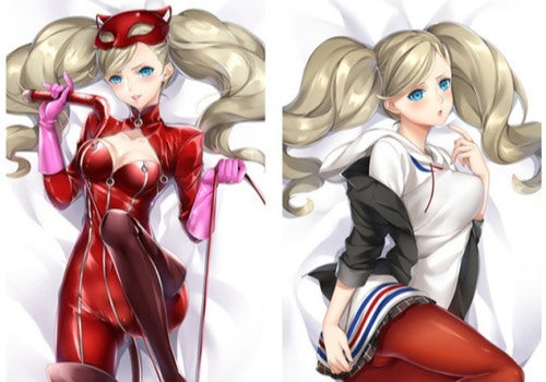Ann Takamaki Persona5 dakimakura cover, blonde twin tail, red Phantom Thief suit, cat mask, casual hoodie red tights