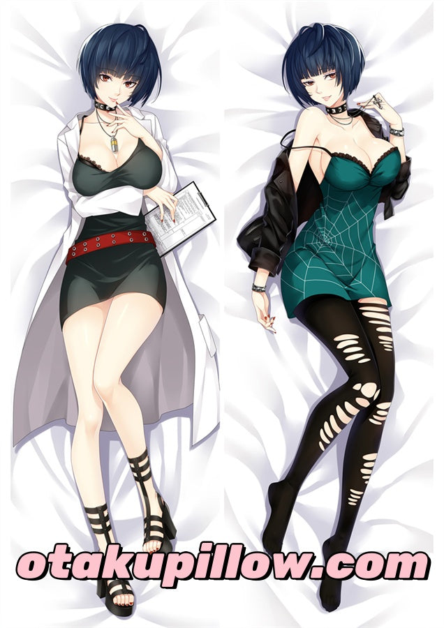 Tae Takemi dakimakura, Persona 5, short dark blue hair, doctor lab coat, green spider dress ripped tights